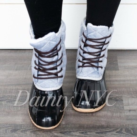 Quilted Duck Boots Gray Black Lace Up Rainboots - Picture 2 of 9